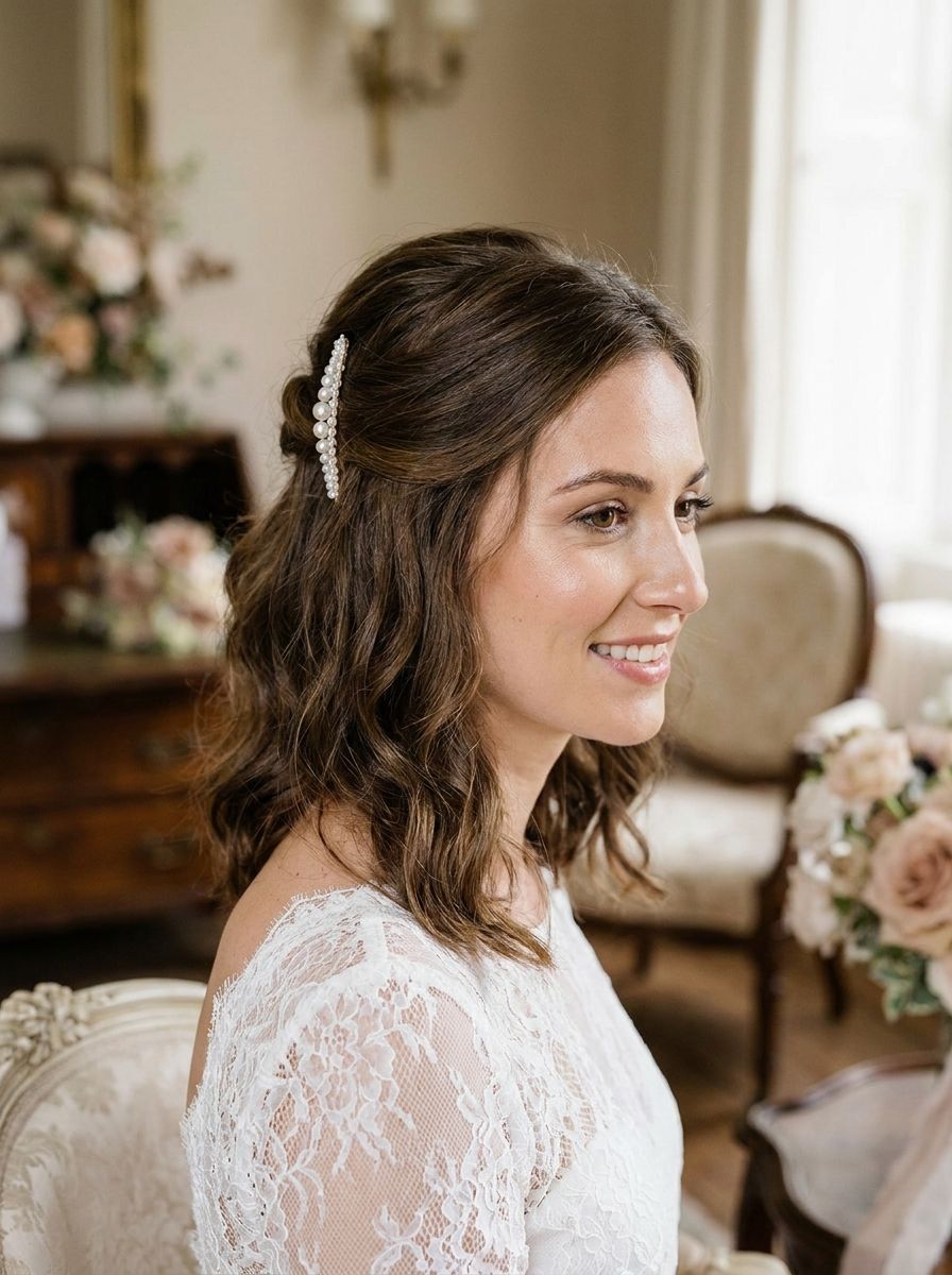 Half-Up Long Bob mit Perlenclip - Long Bob Frisuren Hochzeit